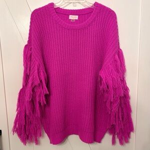 Pink Lilly Fringed Round Neck Magenta Sweater